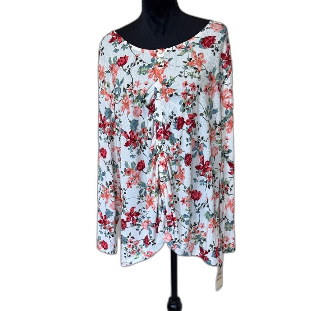 NWT Emaline Woman 2X Plus Floral Blouse Long Sleeve Ruched Top Scoop Neck